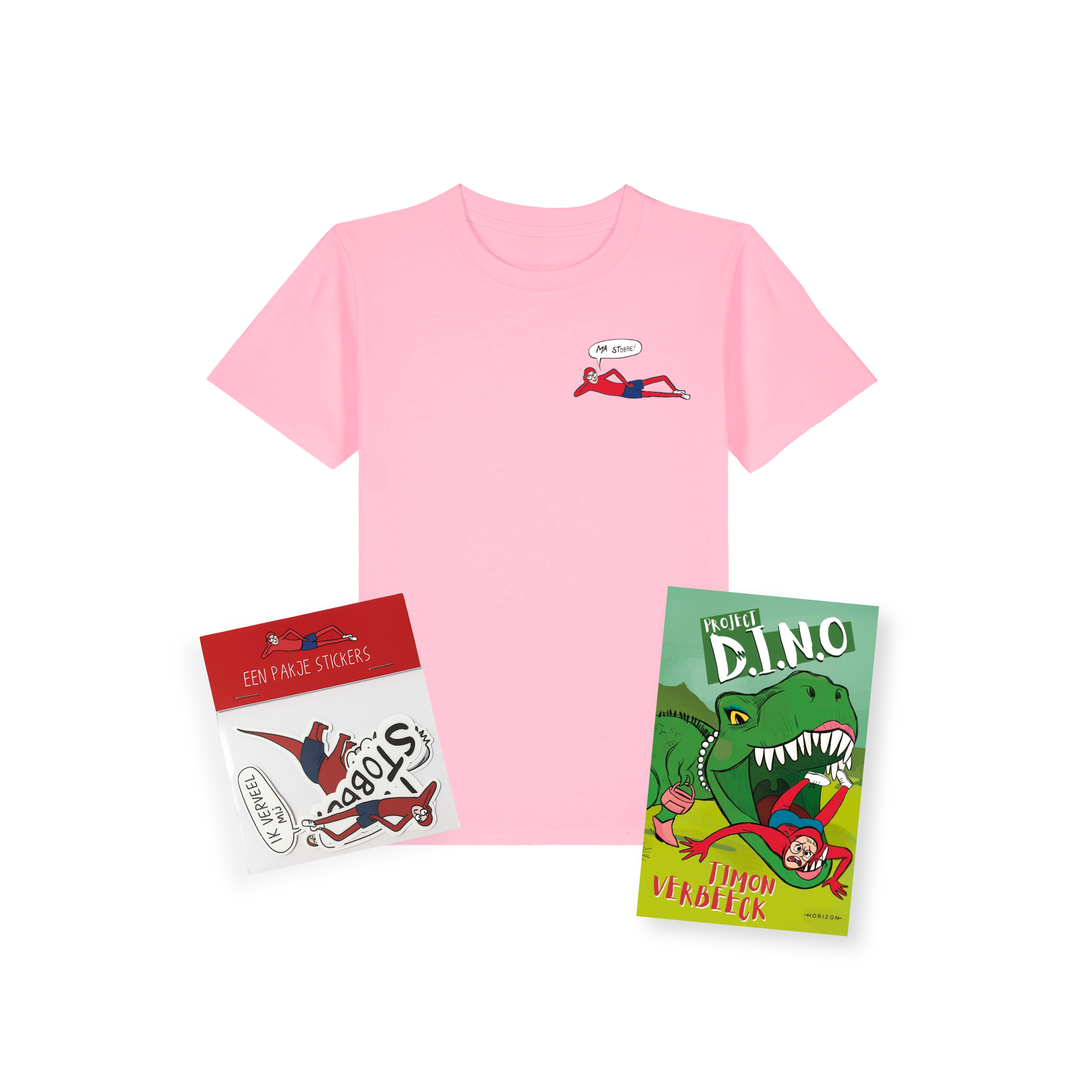 Kids T-shirt ‘Ma Stobbe!’ Pink + Project Dino + Stickerpack Bundle